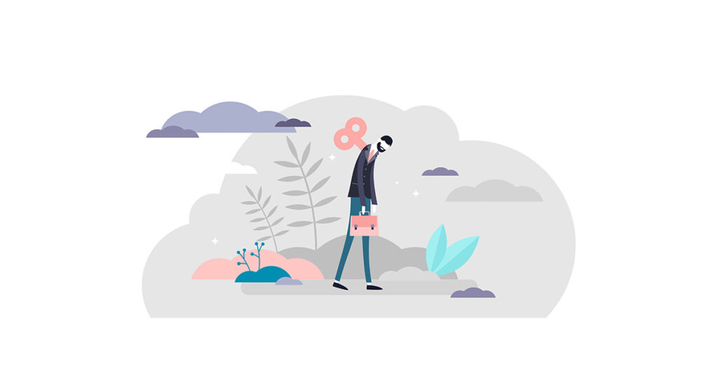 Illustration eines Kleinunternehmers, transparenter Hintergrund. Erschöpfter Geschäftsmann mit wenig Energie, der die Work-Life-Balance aus den Augen verliert.